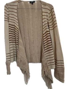 per una Speziale Beige and Brown Striped Fringe Open Cardigan